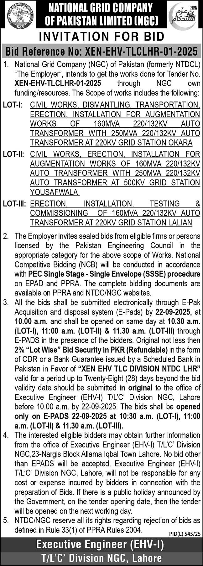 National Grid Company of Pakistan Limited Tender Notice